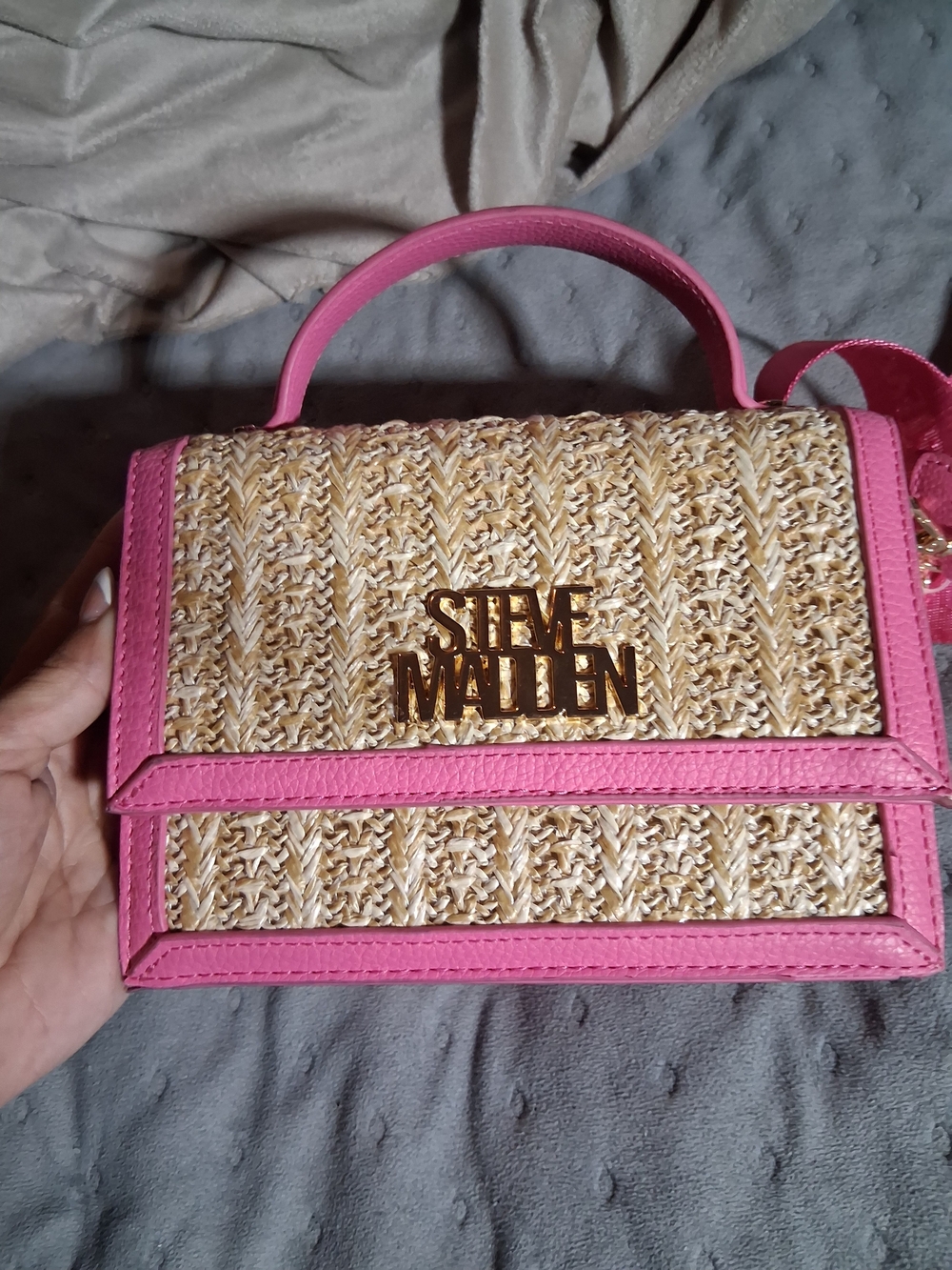 Steve Madden Pink Trim Straw Crossbody Bag